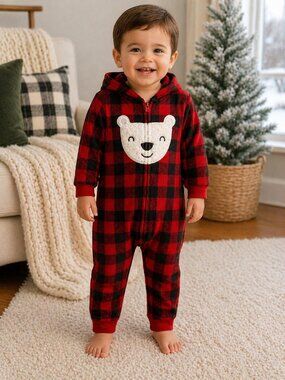 NWT Carter’s Baby Boy Fleece Pajamas Bear One Piece Sleeper Cozy Plaid Outfit